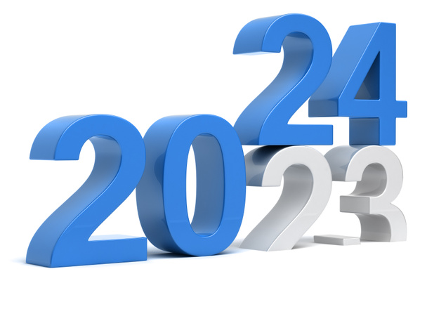 2024 Concepto de cambio de año nuevo. 3d dígitos azules aislados sobre fondo blanco. Ilustración 3D. - Foto, imagen