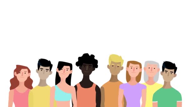 2d animacja grupa wieloetnicznych ludzi w kolorowych ubraniach stojących na białym tle i potrząsających głowami - Materiał filmowy, wideo