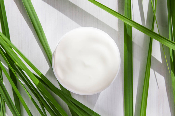 white cosmetic cream on a white wooden background surrounded by long green leaves - Photo, Image