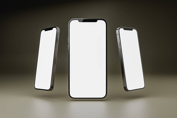 Εικονογράφηση σύγχρονων κινητών τηλεφώνων με λευκές λευκές λευκές οθόνες αιωρείται πάνω από το έδαφος σε σκοτεινό φόντο για τη διαφήμιση σε απευθείας σύνδεση. 3d απόδοση - Φωτογραφία, εικόνα