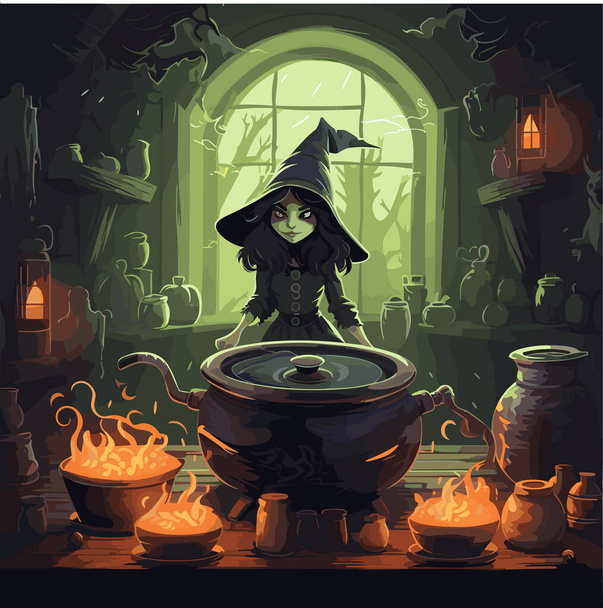 Gonosz boszorkány főzi a főzetét egy üstben a sötét és baljós szobájában, boszorkánysággal körülvéve mindenhol. Vektorillusztráció. - Vektor, kép