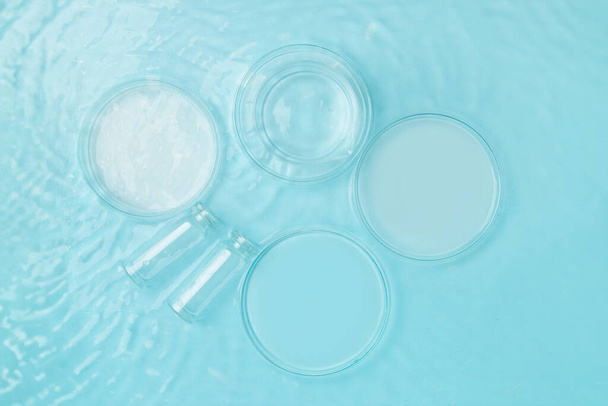 Ensemble d'ustensiles de laboratoire boîte de Pétri vide, flacons, bocaux sur le fond de l'eau bleue - Photo, image