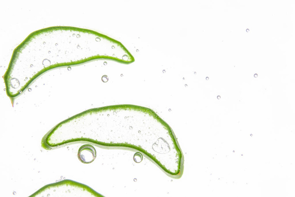 Thinly sliced slices of green fresh Aloe Vera. In a clear gel. Close-up - Photo, Image
