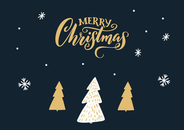 Καλά Χριστούγεννα ευχετήρια κάρτα σχεδιασμού, Χριστουγεννιάτικα δέντρα σε σκούρο φόντο με νιφάδες χιονιού, διακοσμητικά χειρόγραφη κείμενο - Διάνυσμα, εικόνα