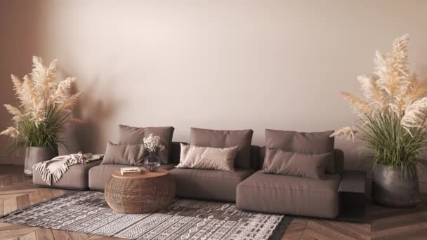 Design interno color marrone con divano, foglie di palma asciutte e tavolo in vimini nel moderno soggiorno della casa colonica. Mockup a parete vuota. Illustrazione di rendering 3d. Visualizzazione 3D. Video 4k di alta qualità. - Filmati, video