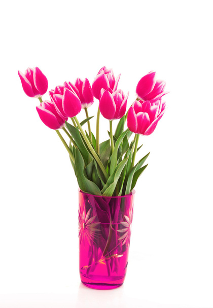 Beautiful pink tulips in vase isolated on white - Foto, imagen