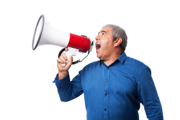 Людина кричить з мегафоном
 - Фото, зображення