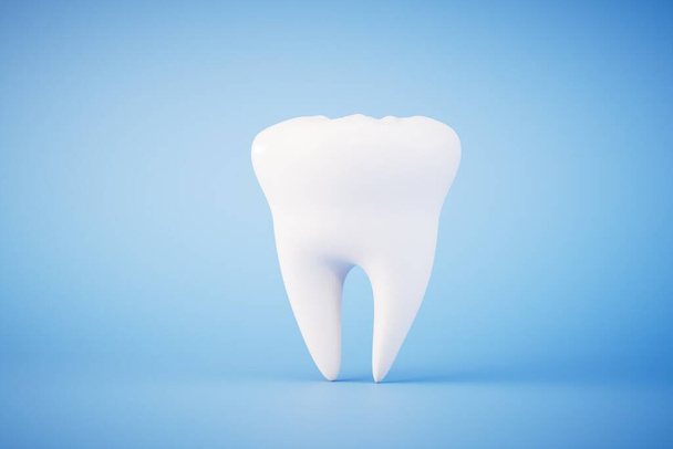 El concepto de tratamiento dental. Un diente de raíces múltiples sobre un fondo azul. Renderizado 3D. - Foto, Imagen