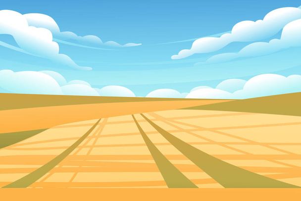 小麦畑と緑の丘の田園風景青空を背景にベクトルイラスト. - ベクター画像