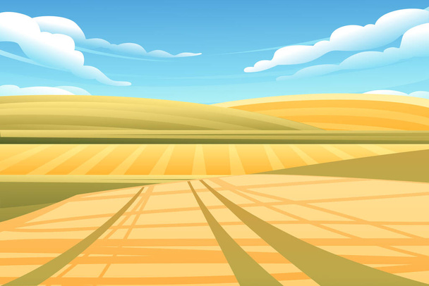 小麦畑と緑の丘の田園風景青空を背景にベクトルイラスト. - ベクター画像