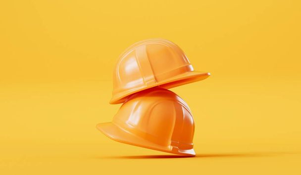 Yellow builders hard hat head protection on a yellow background. 3D Rendering. - Foto, imagen