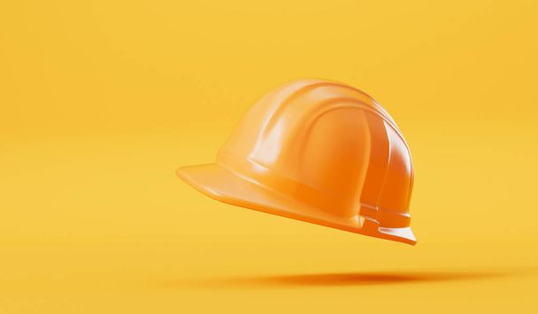 Yellow builders hard hat head protection on a yellow background. 3D Rendering. - Фото, изображение