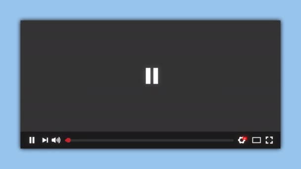 マウスカーソルのアニメーション青画面でクリックしたビデオプレーヤーの再生ボタン。メディアプレーヤービデオ再生インターフェイス。タイムコードを実行するマルチメディアプレーヤー読み込みバー。一時停止メディアプレーヤーボタンを再生. - 映像、動画