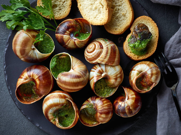 plate of baked escargot snails filled with parsley and garlic butter on grey background, top view - Foto, Imagen