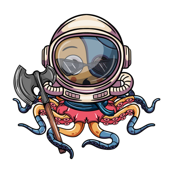 Cartoon cyborg yellow octopus character wearing astronaut space suit with war axe. Illustration for fantasy, science fiction and adventure comics - Vector, Image