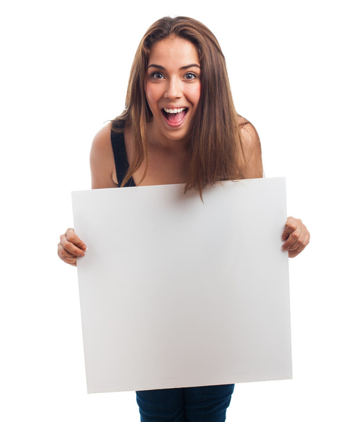 Woman holding a white banner - Foto, Imagen