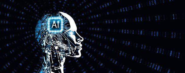 AI -人工知能。AIデジタル脳。バイナリコードの背景に回路パターンを持つ人間の顔。ヒューマノイドロボットのシルエット。技術イラスト  - 写真・画像