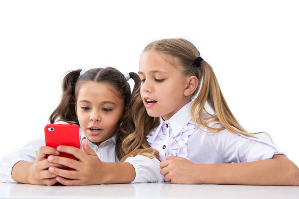 school children messaging. two girls messaging on phone. girls children engaged in lively conversations. messaging school girls sharing stories and laughter. classroom blog. two college students. - Photo, Image