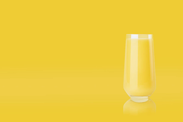 Yellow orange juice in glass with reflection on colorful yellow background, copy space. Fresh summer healthy citrus beverage for advertise, poster, card, design. - 写真・画像
