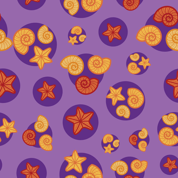 A cute and adorable line art illustrations of seashells and starfish. A fun seamless pattern design in beach theme. Perfect for summer. - Photo, Image