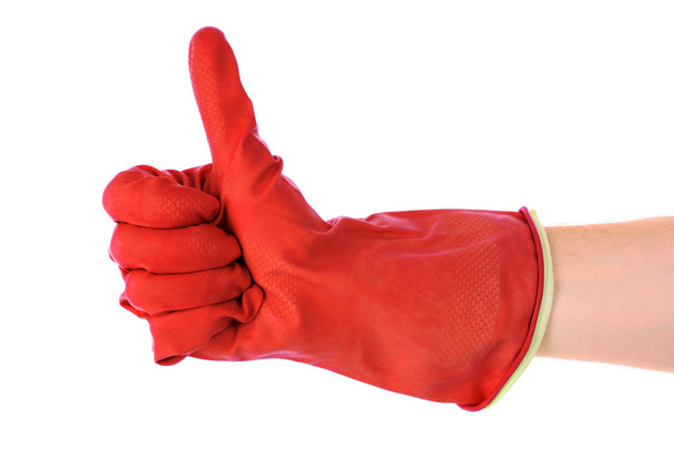 Великі пальці вгору з червоною рукавичкою на білому
 - Фото, зображення