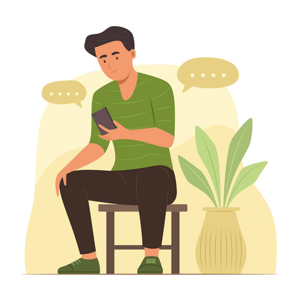 Человек, сидящий на стуле и болтающий на иллюстрации концепции мобильного телефона - Вектор,изображение