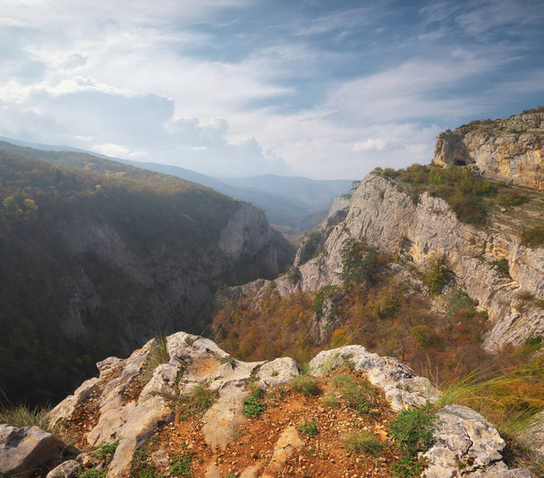 Mountain nature landscape. Rock cliffs in autumn. - Фото, изображение