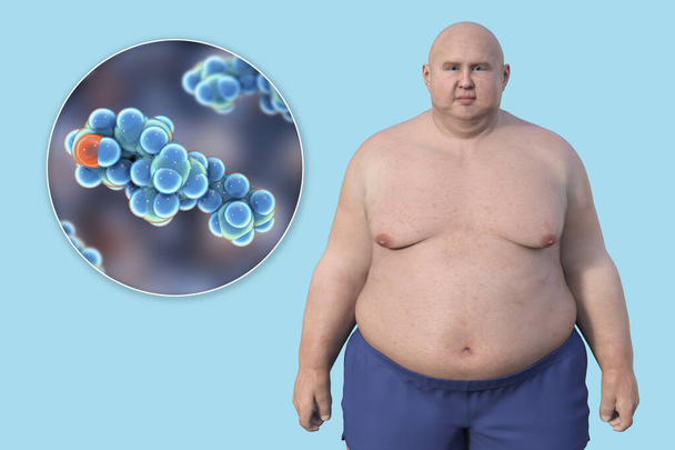 Een 3D medische illustratie met een man met overgewicht met een close-up van een cholesterolmolecuul, die het verband tussen obesitas en veranderingen in het cholesterolmetabolisme benadrukt. - Foto, afbeelding