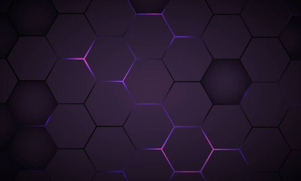 Fond abstrait de la technologie de jeu hexagone violet foncé avec des flashs lumineux violets et roses. - Vecteur, image
