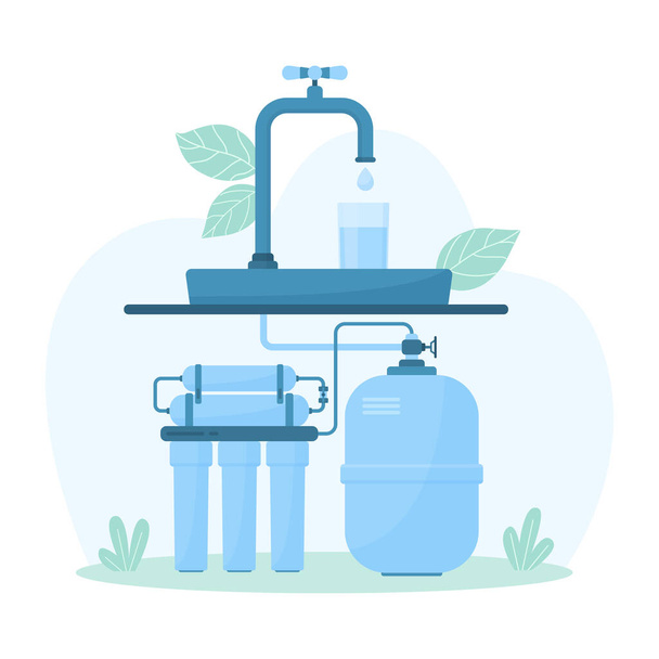 Векторна ілюстрація очищення води вдома. Мультяшна інфографічна схема системи фільтрації для домашнього використання, фільтрувальні контейнери та пластиковий бак для зберігання води під краном на кухні або у ванній - Вектор, зображення
