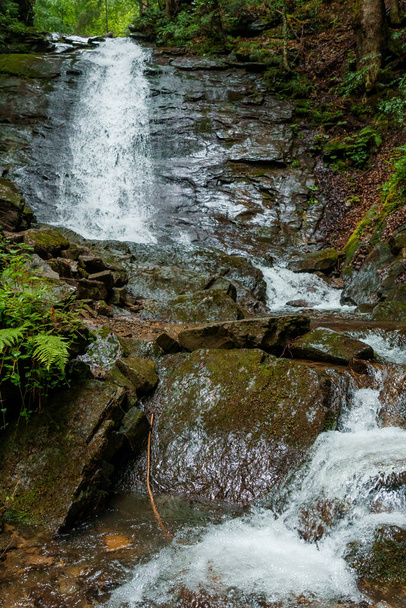 Waterfall cascade on mountain cliffs. Mountain waterfall in the mountains. Mountains Carpathians - Photo, Image