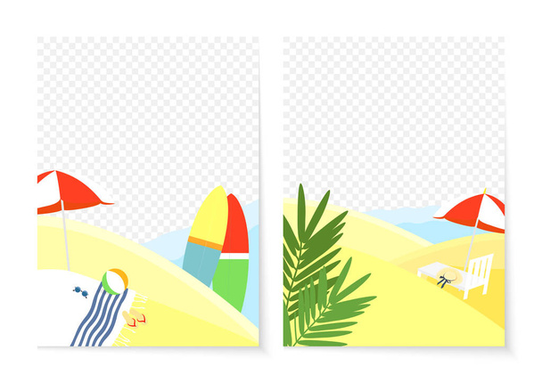 Summer vector card. Beach, sea, surfboard and umbrella on a transparent background. Summer bright illustration. - Wektor, obraz