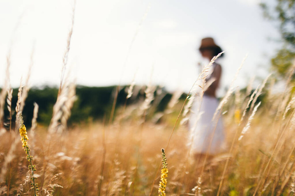 Beautiful girl in a linen dress in a wheat field. Summer vacation, traveling. Bohemian, modern hippie style. - Foto, Imagen