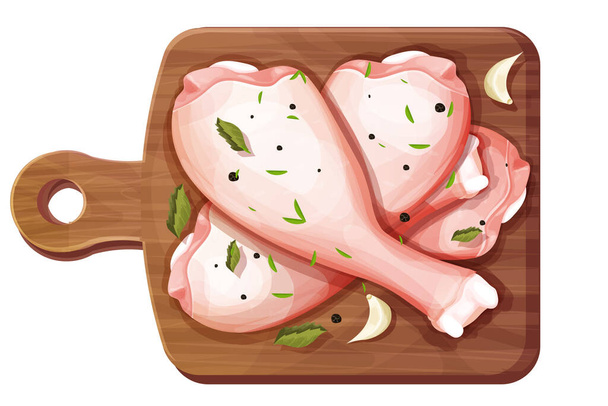 鶏足、白い背景に隔離された漫画のスタイルでニンニクや調味料スパイスと木製の丸いボード上の生のドラムスティックトップビュー。鳥の肉を調理されていません,成分設計.ベクターイラスト - ベクター画像