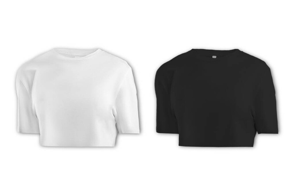 Overfit Cropped Tee modelo de moda camisa. Mulheres Crop T-shirt, Crop Top moda CAD mockup, frente, branco e preto color.3d renderização. - Foto, Imagem