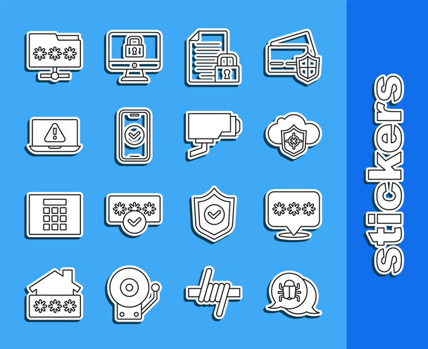 Set line System bug, Password protection, Cloud and shield, Document lock, Smartphone, Laptop with exclamation mark, Folder password and Security camera icon. Vector - Vector, Image