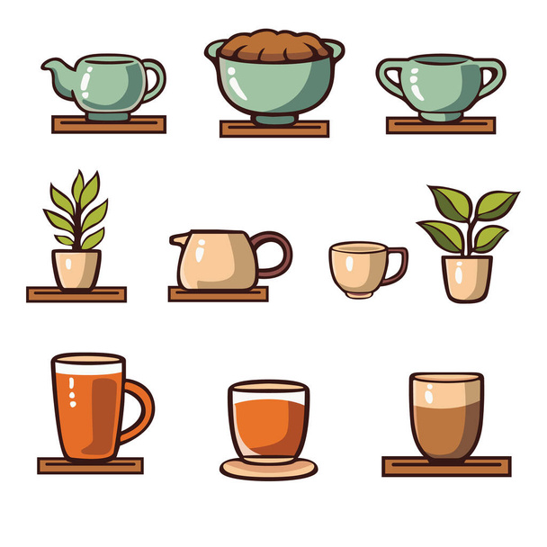 Gran conjunto de artículos relacionados con el café y plantas iconos. Conjunto de iconos coloridos de café y bebida.  - Vector, imagen
