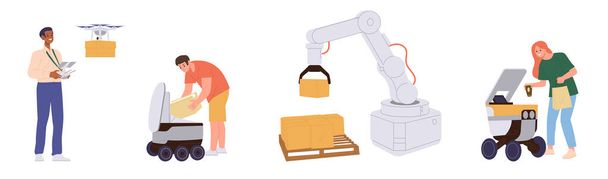 Personajes de dibujos animados aislados con brazo robótico, tecnología de control remoto para entrega de paquetes y pedidos de alimentos. Ilustración vectorial del futuro suministro de almacén y servicio de equipos de drones - Vector, Imagen