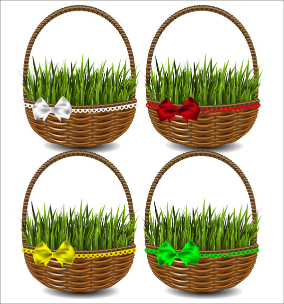 Hierba verde en una hermosa cesta verde con un lazo. Conjunto de cuatro
  - Vector, imagen