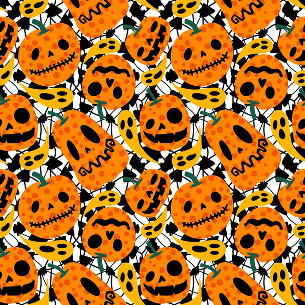 Abóboras de desenhos animados sem costura de colheita de outono Padrão de Halloween para papel de embrulho e tecidos e roupas de crianças e roupas de impressão e embalagem e acessórios de cozinha. Ilustração de alta qualidade - Foto, Imagem