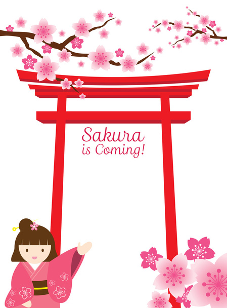 Цветущая вишня или Сакура с воротами Тори и девушкой Кимоно
 - Вектор,изображение