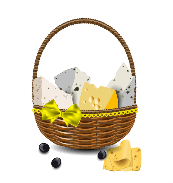 Zbiór różnych rodzajów sera w wiklinowym koszu. Pokazanego wektor - Wektor, obraz