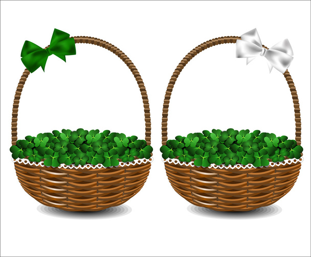 Green clover in a beautiful wicker basket. St. Patrick's Day. - Wektor, obraz