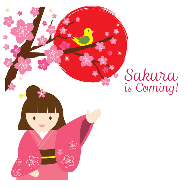 Κορίτσι σε κιμονό με κεράσι άνθη ή Sakura λουλουδιών και πουλιών - Διάνυσμα, εικόνα