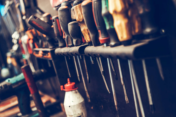 Auto Repair Shop Screwdrivers and Other Tools Close Up. Automotive Theme. - Foto, Imagen