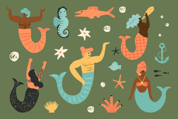 Diversity Mermaids and Merman retro-style set, underwater animals, and fish. African Mermaids, Oriental sirens, Aisan mythical creatures, seahorses, sea stars, an anchor, and bubbles design elements. - Διάνυσμα, εικόνα