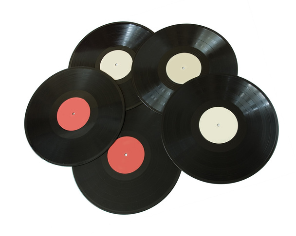 Five black vinyl record isolated on white - Photo, Image