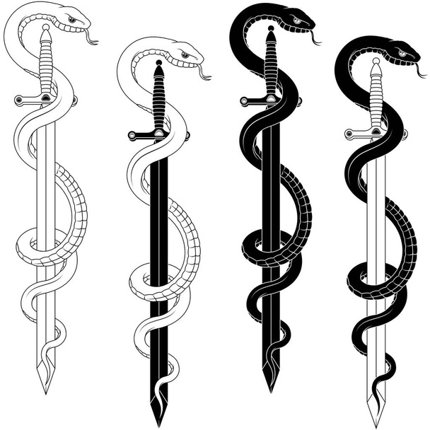 Vectorontwerp van Europees middeleeuws zwaard met slang, eeuwenoud zwaard omringd door een slang - Vector, afbeelding