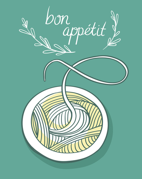 Card with spaghetti and Bon Appetit sign - Вектор,изображение