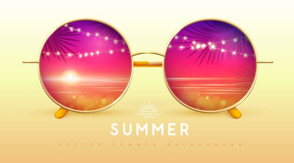 Realistic round shaped summer sunglasses with tropic ocean landscape background in lenses.  Summer background. Vector illustration. - Vector, Imagen